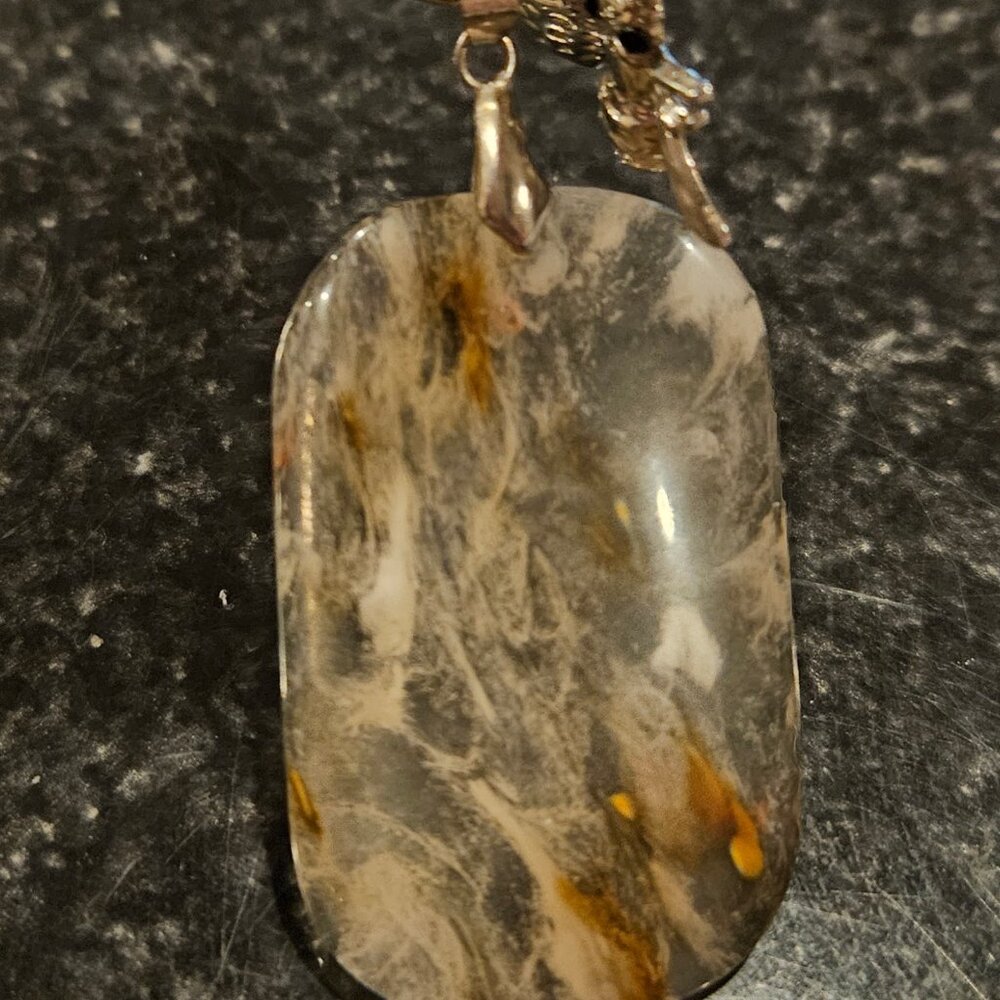 Heavy Silvertone Chain Necklace with Dendritic Quartz Pendant and Bee Charm - Picture 7 of 9